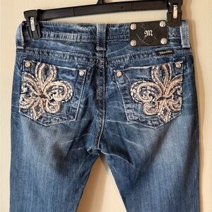 Gorgeous Miss Me Boot Jeans with Fleur de Lis Embroidery 34” Inseam
